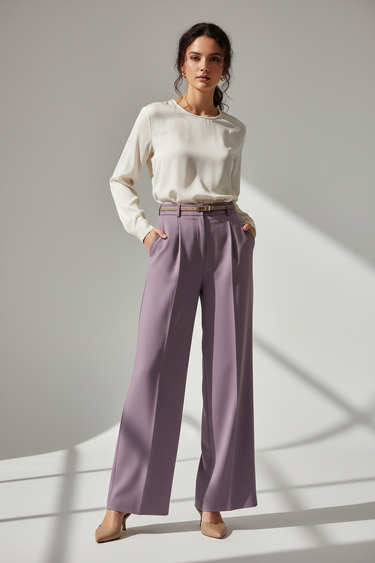 Soft Plum - Model wearing Victoria Tailored Wide Leg Pants