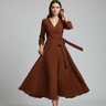 Sophia Pleated Wrap Midi Dress in Chestnut Amber - model front view